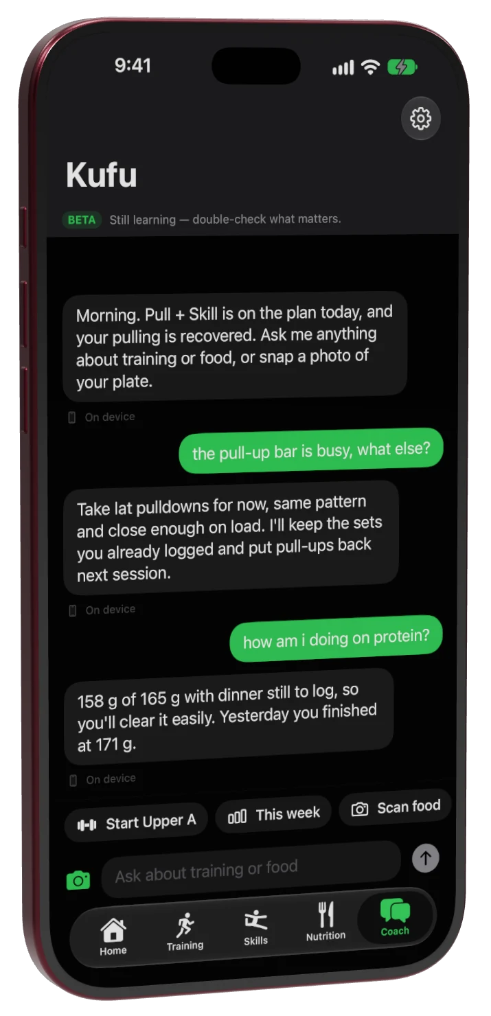 The Kufu coach answering a question about a busy pull-up bar and about protein
