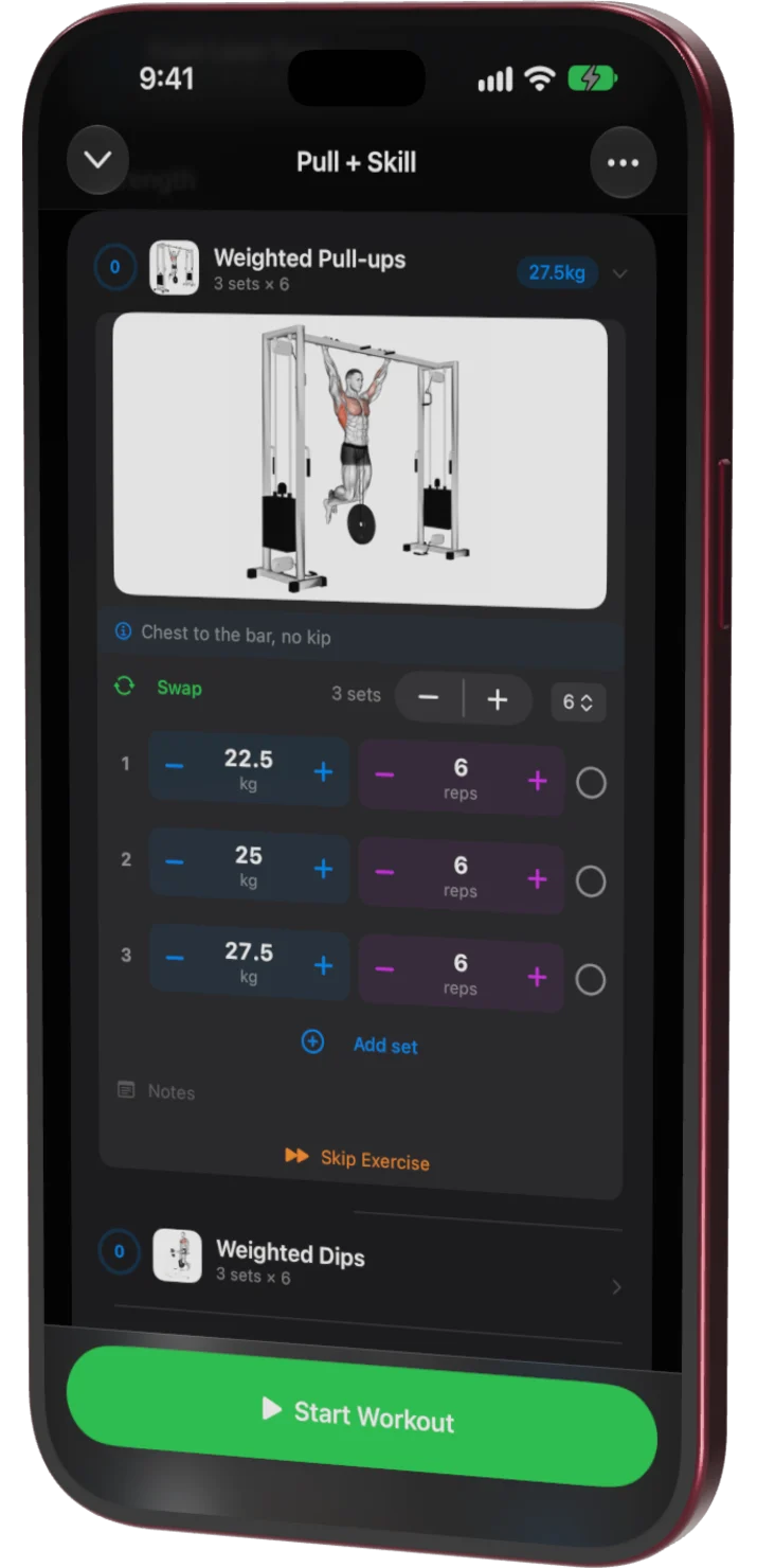 Weighted pull-ups open in a Kufu session: the movement animation, the cue "Chest to the bar, no kip", and three sets at 22.5, 25 and 27.5 kg