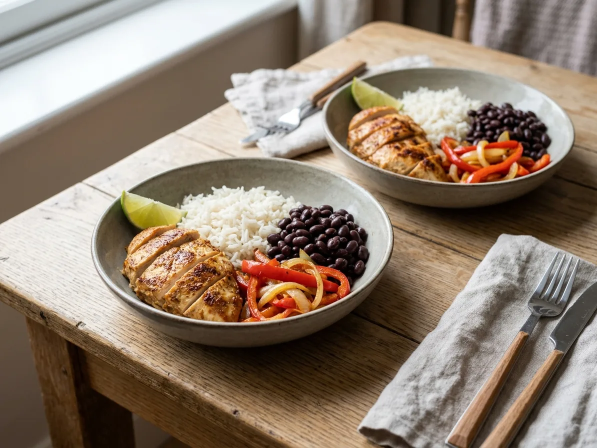 Two burrito bowls with rice, sliced chicken, black beans and red peppers, with a lime wedge