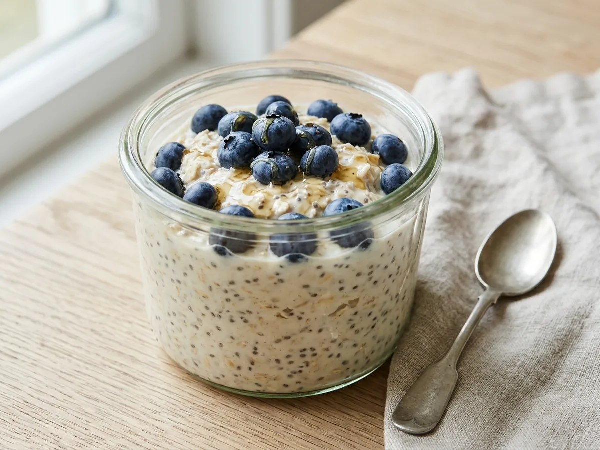 Overnight oats in a glass jar topped with blueberries and a drizzle of honey