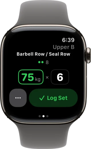 Kufu on an Apple Watch: Barbell Row, two sets logged, the next set filled in at 75 kg × 6 with a Log Set button