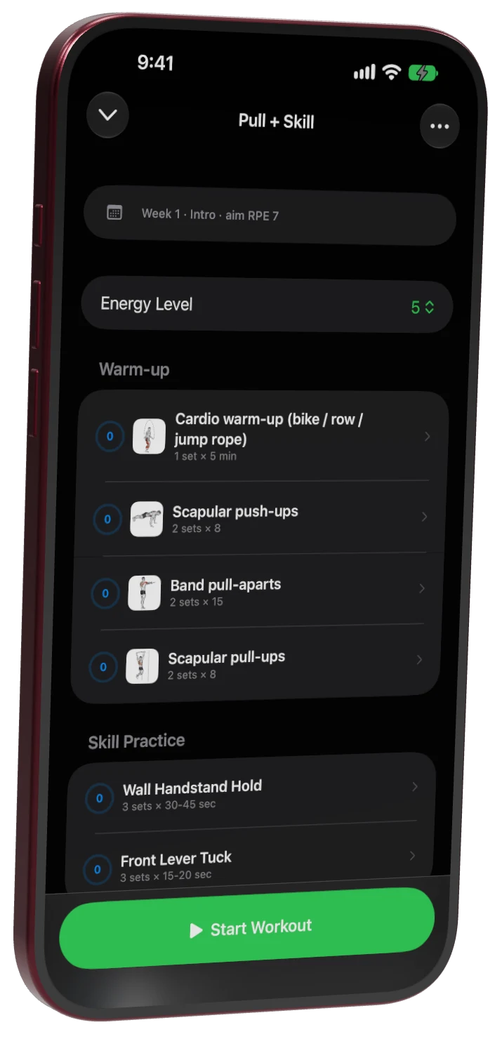 A Pull + Skill session: warm-up, then wall handstand hold and front lever tuck before the strength work